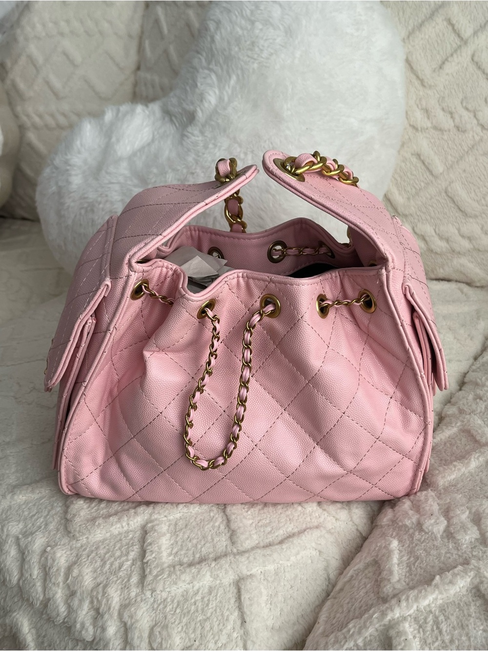 Quilted Pink Drawstring Shoulder Bag - Women